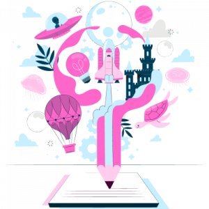 Vectorial illustration in blues, pinks and white. An imaginary world, with moon, cloud, aircraft, castle, ovni, turtle, coming out from a pencil writing on a paper.