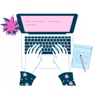 Vectorial illustration in blues, pinks and white. Female hands typing on the computer, with a plant and notes next to it.